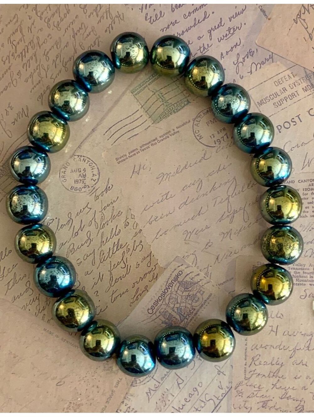 Vintage Metal Shiny Two-Tone Metallic Beaded Stretch Bracelet